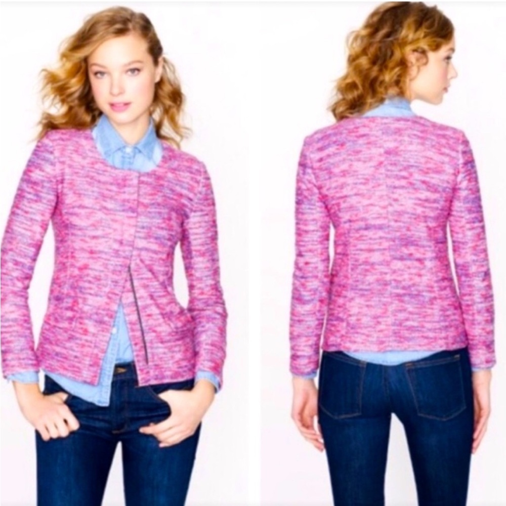 J Crew Micro Knit Tweed Zip Jacket Blazer In Poppy Pink Size Large
